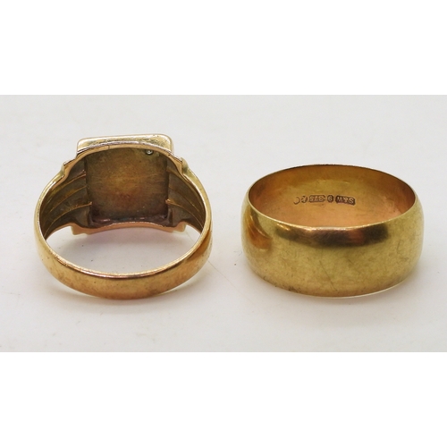 9130 - A 9ct gold wide wedding ring, size Z, weight 8.5gms, together with a 10k gold signet ring set with a... 