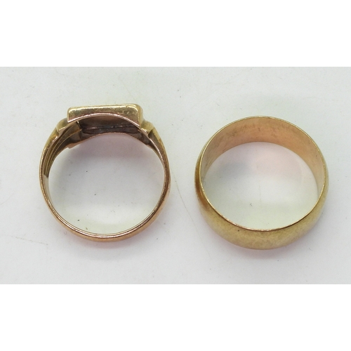 9130 - A 9ct gold wide wedding ring, size Z, weight 8.5gms, together with a 10k gold signet ring set with a... 