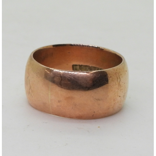 9142 - A 9ct rose gold wide wedding band Birmingham hallmarks for 1908, size R, weight 10.8gms