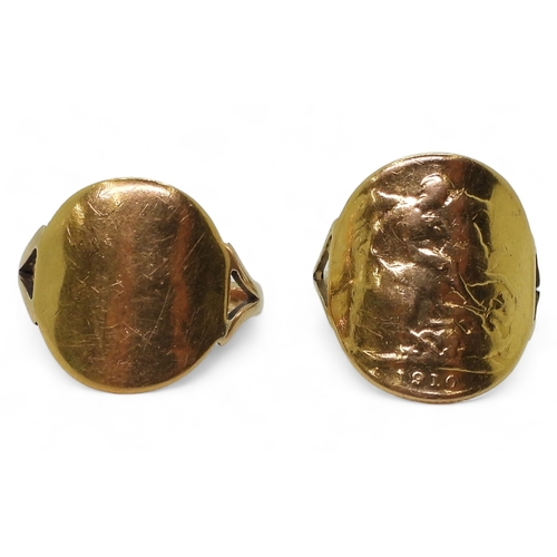 9145 - Two well worn gold full and half sovereign rings, with a 9ct shank on the full, size approx S, half ... 