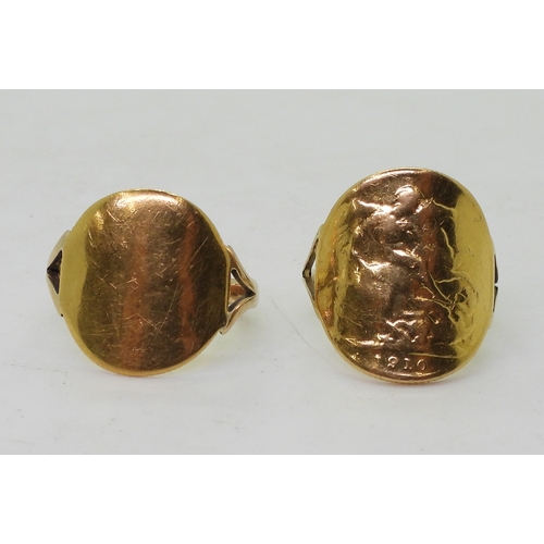 9145 - Two well worn gold full and half sovereign rings, with a 9ct shank on the full, size approx S, half ... 