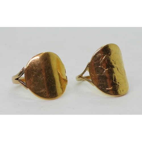 9145 - Two well worn gold full and half sovereign rings, with a 9ct shank on the full, size approx S, half ... 