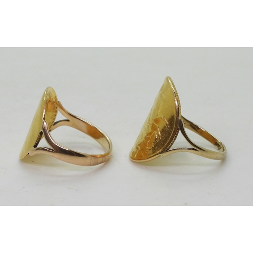 9145 - Two well worn gold full and half sovereign rings, with a 9ct shank on the full, size approx S, half ... 