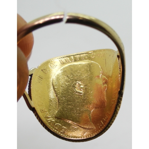 9145 - Two well worn gold full and half sovereign rings, with a 9ct shank on the full, size approx S, half ... 