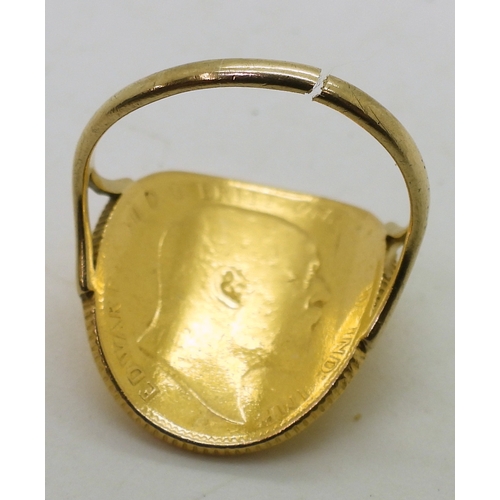 9145 - Two well worn gold full and half sovereign rings, with a 9ct shank on the full, size approx S, half ... 