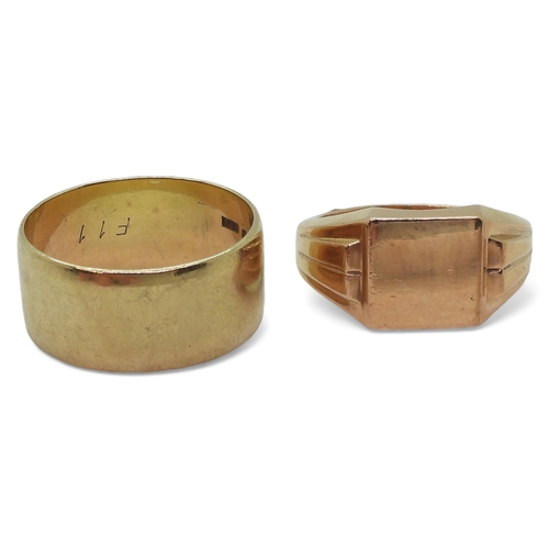 9148 - A 9ct rose gold signet ring, size U1/2, and a wide wedding band, size gents size 1, weight together ... 