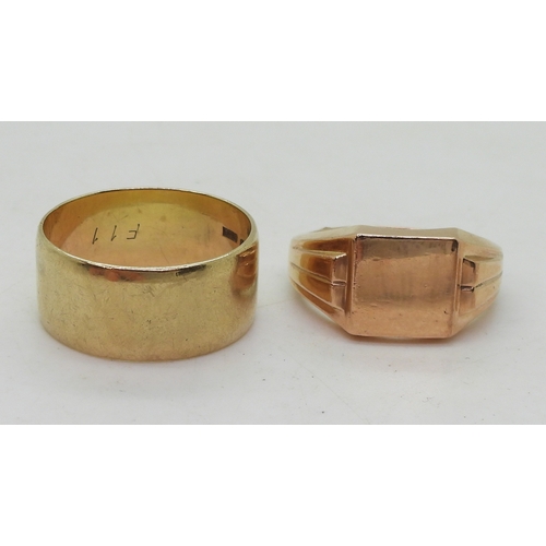 9148 - A 9ct rose gold signet ring, size U1/2, and a wide wedding band, size gents size 1, weight together ... 