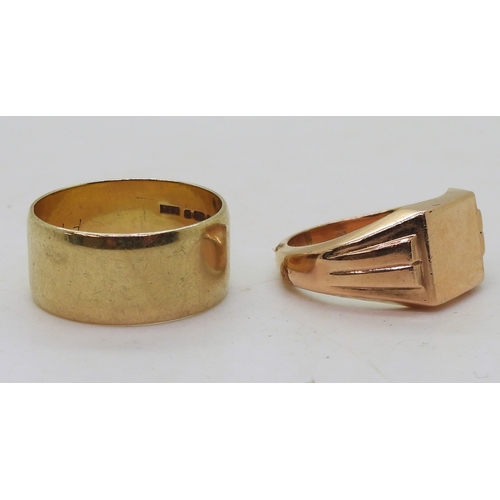 9148 - A 9ct rose gold signet ring, size U1/2, and a wide wedding band, size gents size 1, weight together ... 