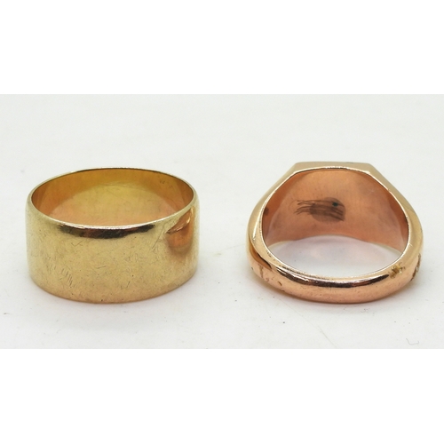 9148 - A 9ct rose gold signet ring, size U1/2, and a wide wedding band, size gents size 1, weight together ... 