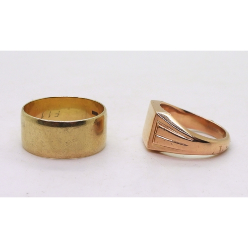 9148 - A 9ct rose gold signet ring, size U1/2, and a wide wedding band, size gents size 1, weight together ... 