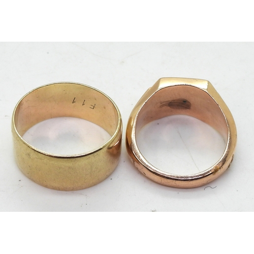 9148 - A 9ct rose gold signet ring, size U1/2, and a wide wedding band, size gents size 1, weight together ... 