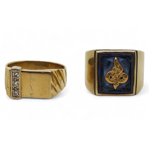 9149 - Two yellow metal rings, a signet ring set with three diamond accents, size V, together with a blue g... 