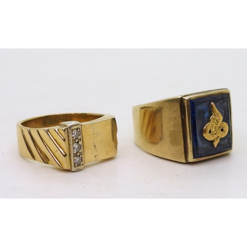 9149 - Two yellow metal rings, a signet ring set with three diamond accents, size V, together with a blue g... 