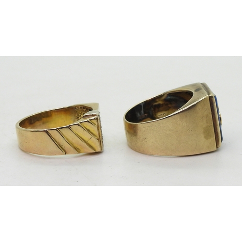 9149 - Two yellow metal rings, a signet ring set with three diamond accents, size V, together with a blue g... 