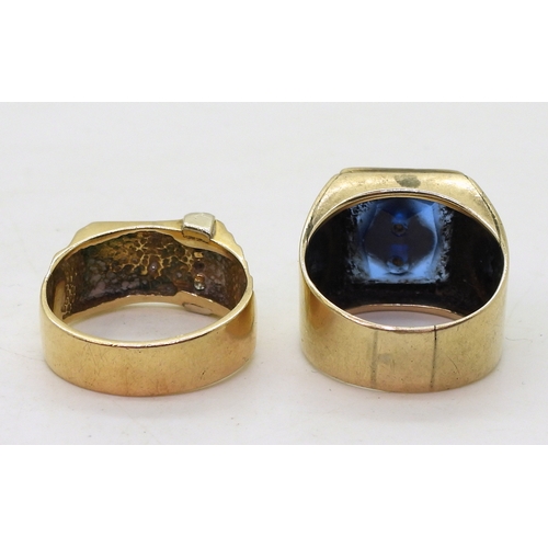 9149 - Two yellow metal rings, a signet ring set with three diamond accents, size V, together with a blue g... 