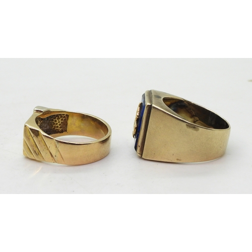 9149 - Two yellow metal rings, a signet ring set with three diamond accents, size V, together with a blue g... 