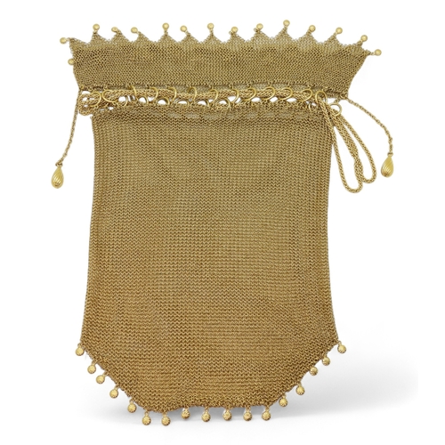 2767 - A 9K GOLD MESH HANDBAGthe chainmail bag with spiral pattern round and teardrop shaped bead details, ... 