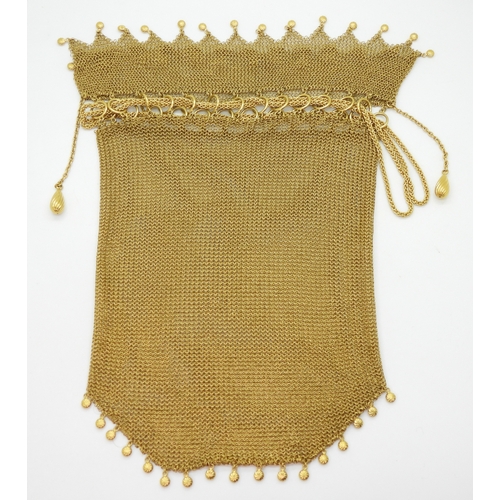 2767 - A 9K GOLD MESH HANDBAGthe chainmail bag with spiral pattern round and teardrop shaped bead details, ... 