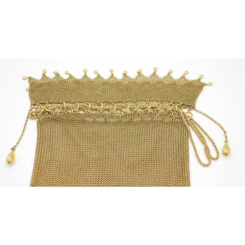 2767 - A 9K GOLD MESH HANDBAGthe chainmail bag with spiral pattern round and teardrop shaped bead details, ... 