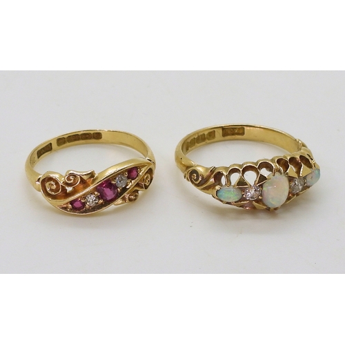 2757 - TWO VINTAGE RINGSan 18ct gold opal and diamond ring, hallmarked Birmingham 1903, finger size O1/2, a... 