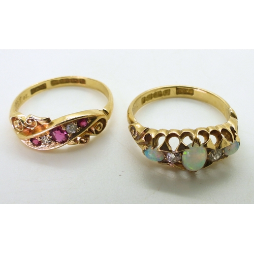 2757 - TWO VINTAGE RINGSan 18ct gold opal and diamond ring, hallmarked Birmingham 1903, finger size O1/2, a... 