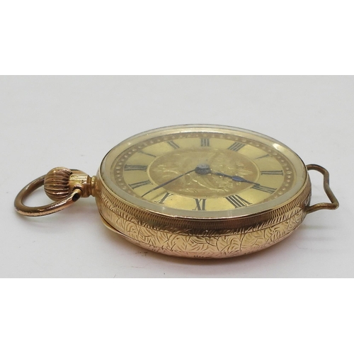 754 - A 14k gold fob watch converted for wristwear, diameter 3.5cm, weight including mechanism 34.8gms