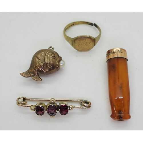 763 - A collection of gold and yellow metal items to include a garnet set brooch,  two pairs of gem set Ca... 