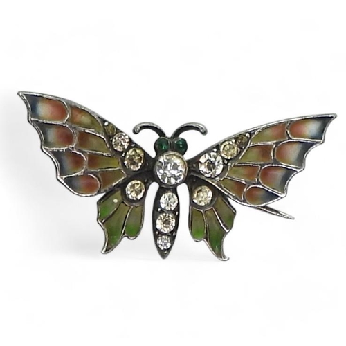 764 - A continental silver plique a jour butterfly brooch set with diamante, 3cm, stamped 925, further sta... 