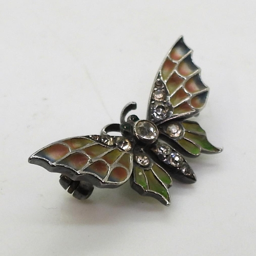 764 - A continental silver plique a jour butterfly brooch set with diamante, 3cm, stamped 925, further sta... 