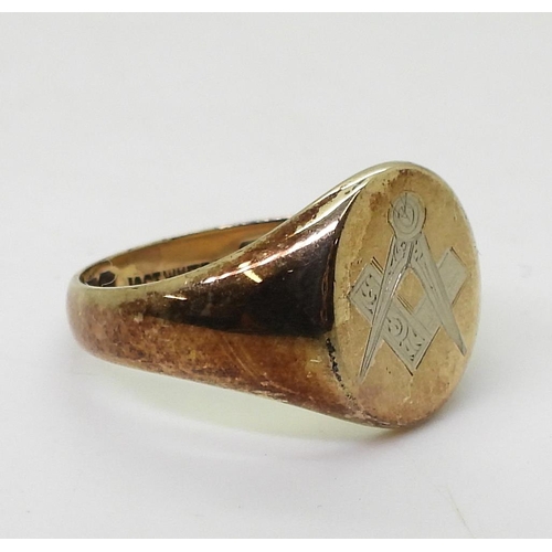 771 - A 9ct gold Masonic signet ring with white gold detail, size S, weight 6.2gms