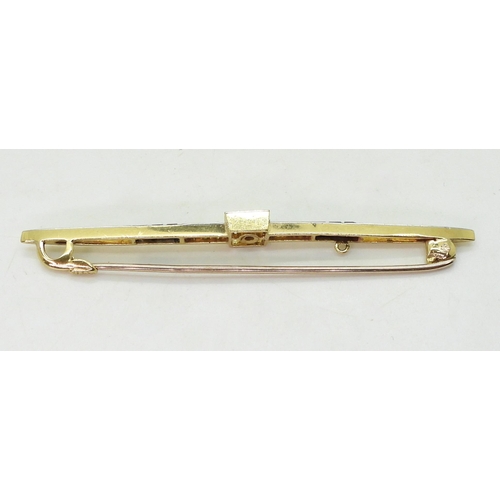 789 - A 15ct gold diamond and black gem bar brooch, set with estimated approx 0.12cts of old cut diamonds,... 