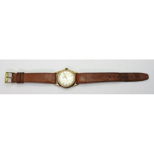 798 - A 9ct gold gents Record watch, hallmarked London 1962, diameter 3cm, with a Hirsch Wildboar, tan lea... 