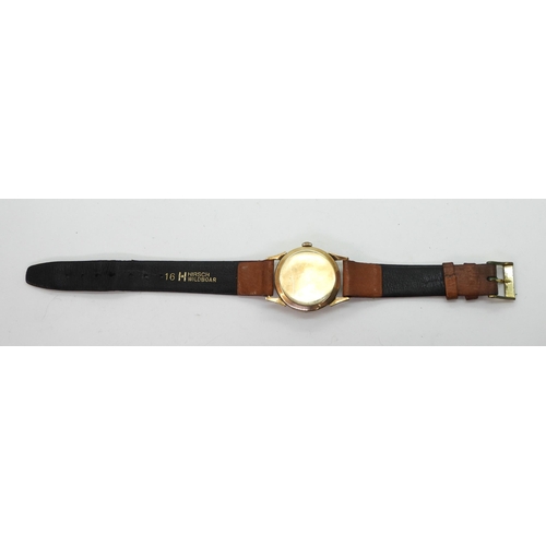 798 - A 9ct gold gents Record watch, hallmarked London 1962, diameter 3cm, with a Hirsch Wildboar, tan lea... 