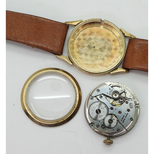 798 - A 9ct gold gents Record watch, hallmarked London 1962, diameter 3cm, with a Hirsch Wildboar, tan lea... 