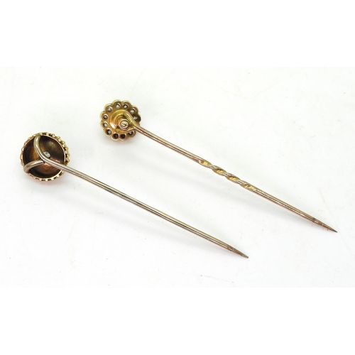 802 - A yellow metal diamond set lapel pin, set with a 0.20cts old cut diamond, together with a yellow met... 