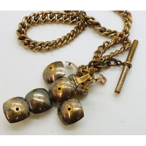 804 - A gold plated pocket watch and chain, with a large Masonic ball charm in yellow and white metal, dia... 