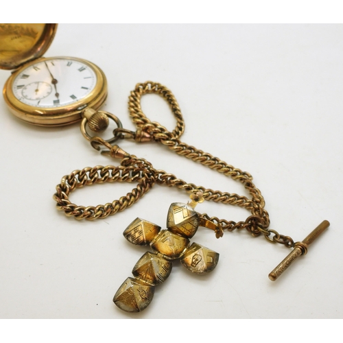 804 - A gold plated pocket watch and chain, with a large Masonic ball charm in yellow and white metal, dia... 