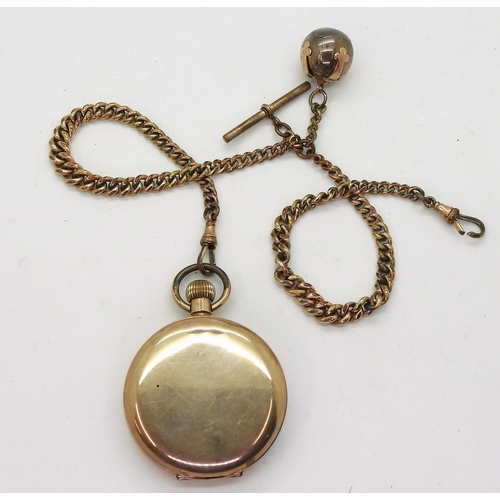 804 - A gold plated pocket watch and chain, with a large Masonic ball charm in yellow and white metal, dia... 