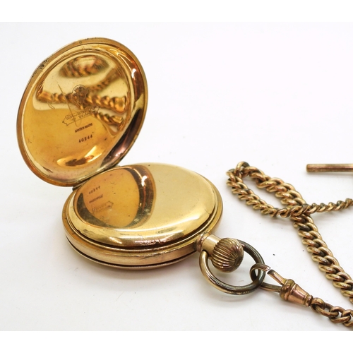 804 - A gold plated pocket watch and chain, with a large Masonic ball charm in yellow and white metal, dia... 