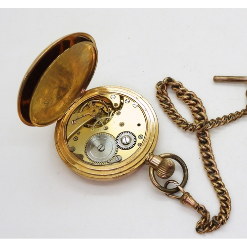 804 - A gold plated pocket watch and chain, with a large Masonic ball charm in yellow and white metal, dia... 