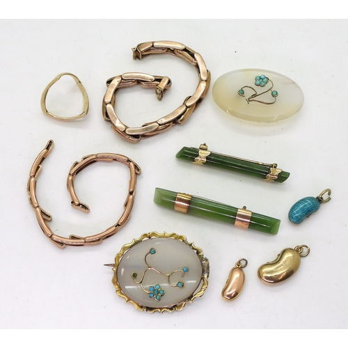 806 - Two 9ct gold watch straps and a herringbone shaped ring, two 9ct bean charms weight together 19.1gms... 