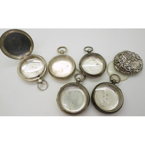 856 - A silver full hunter pocket watch case, hallmarked 1885, four open face pocket watch cases dated Bir... 