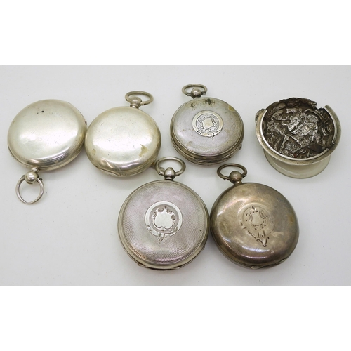 856 - A silver full hunter pocket watch case, hallmarked 1885, four open face pocket watch cases dated Bir... 