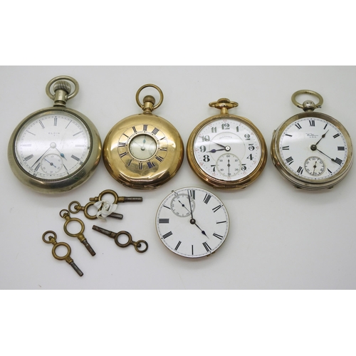 864 - A silver Waltham pocket watch, hallmarked Chester 1918, an Elgin gold plated half hunter, a further ... 