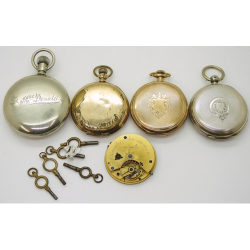 864 - A silver Waltham pocket watch, hallmarked Chester 1918, an Elgin gold plated half hunter, a further ... 