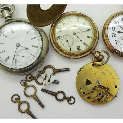 864 - A silver Waltham pocket watch, hallmarked Chester 1918, an Elgin gold plated half hunter, a further ... 