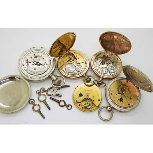 864 - A silver Waltham pocket watch, hallmarked Chester 1918, an Elgin gold plated half hunter, a further ... 