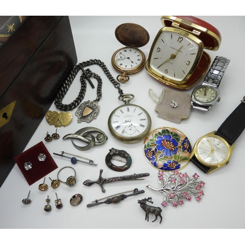 865 - A mother of pearl and brass inlaid marquetry box, containing, a base metal Nirvana pocket watch with... 