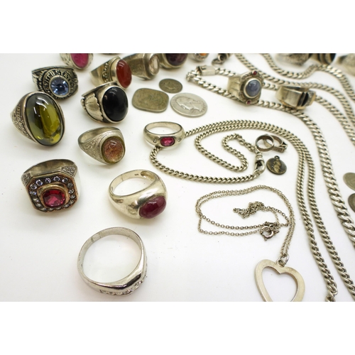 869 - A collection of silver and white metal jewellery to include curb chain necklaces, an Italian double ... 