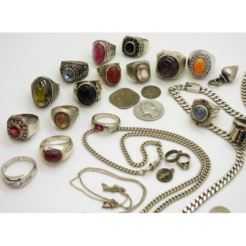 869 - A collection of silver and white metal jewellery to include curb chain necklaces, an Italian double ... 